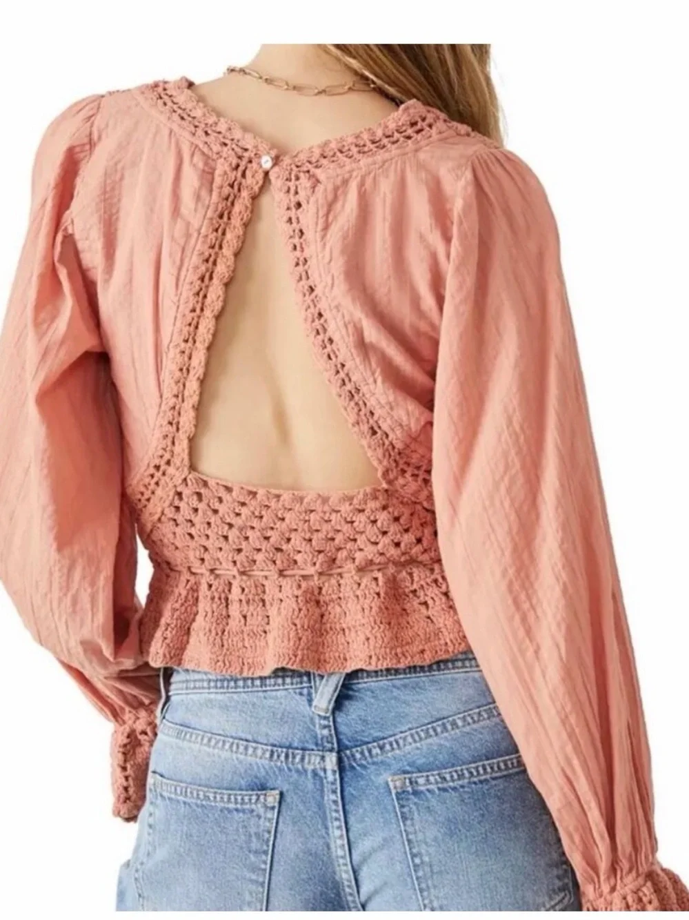 Free People Megan Crochet Open Back Boho Top Dusty Rose Small